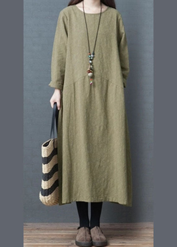 Stilvolle grüne O-Ausschnitt Patchwork Leinen Kleider Frühling