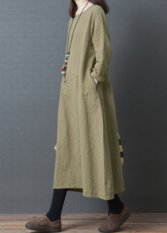 Stilvolle grüne O-Ausschnitt Patchwork Leinen Kleider Frühling