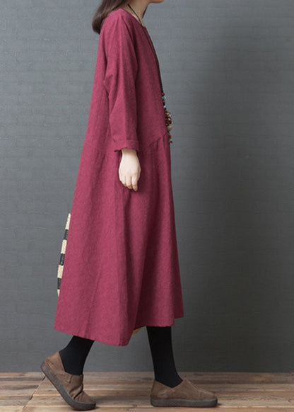 Stilvolle grüne O-Ausschnitt Patchwork Leinen Kleider Frühling