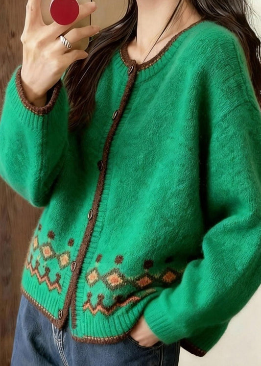 Stilvoller grüner Rundhals-Cardigan mit Print und Knöpfen aus Baumwollstrick für den Frühling
