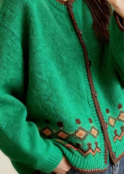Stilvoller grüner Rundhals-Cardigan mit Print und Knöpfen aus Baumwollstrick für den Frühling