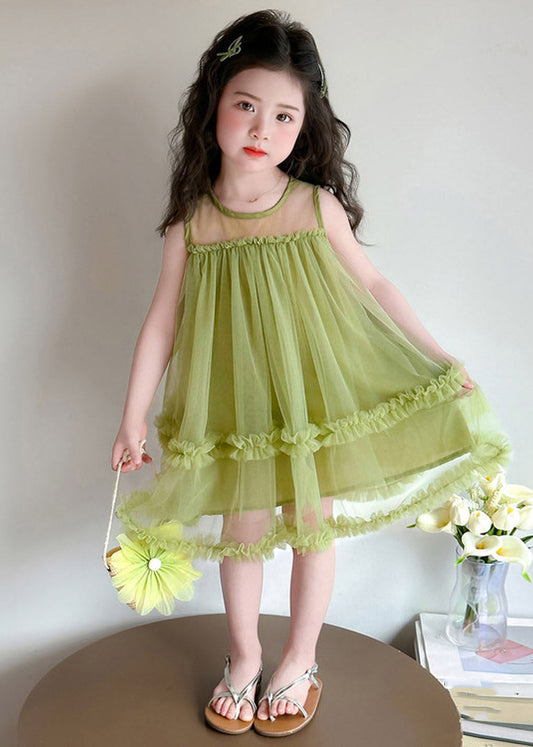 Stylish Green O-Neck Ruffled Tulle Kids Maxi Dresses Sleeveless