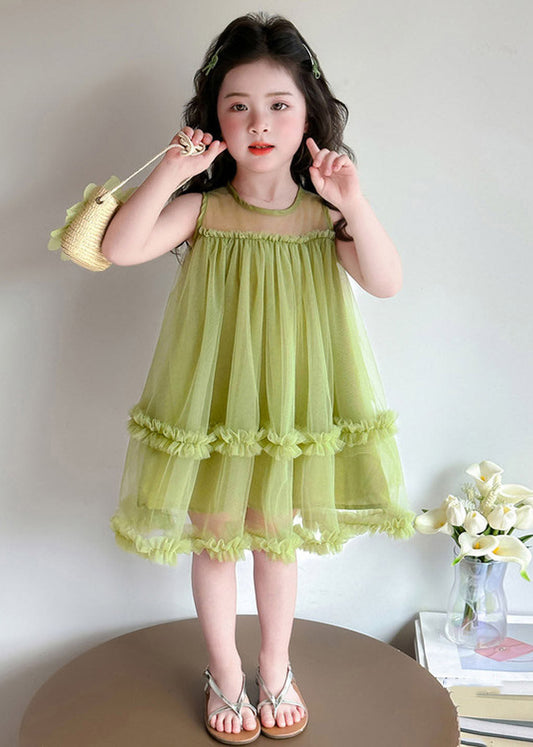 Stylish Green O-Neck Ruffled Tulle Kids Maxi Dresses Sleeveless