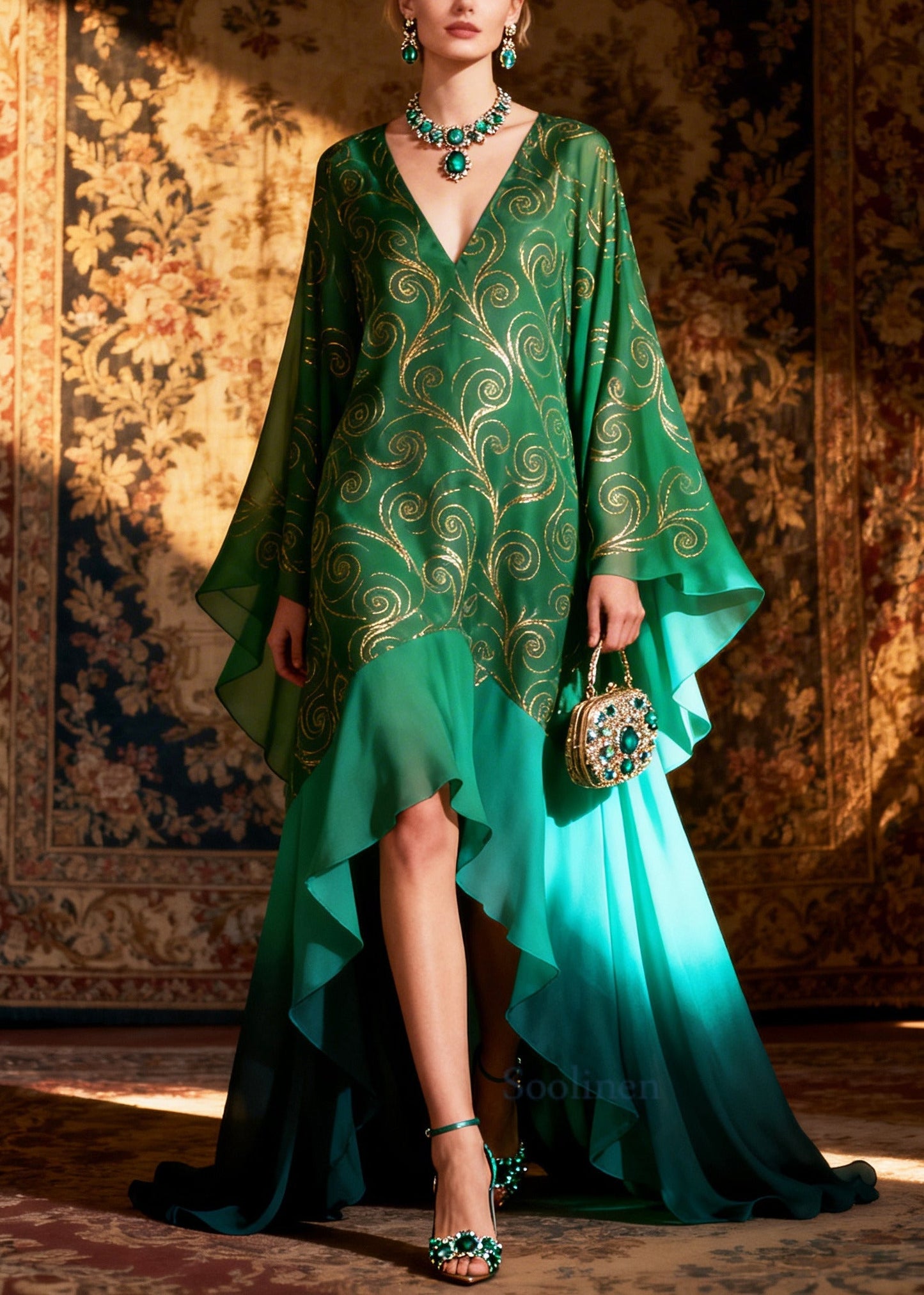 Stylish Green Oversized Patchwork Exra Large Hem Chiffon Party Dress Summer