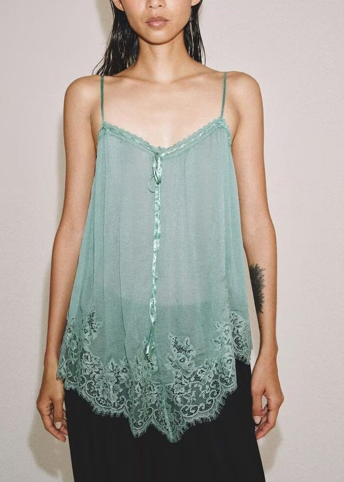 Stylish Green Patchwork Chiffon Spaghetti Strap Top Sleeveless