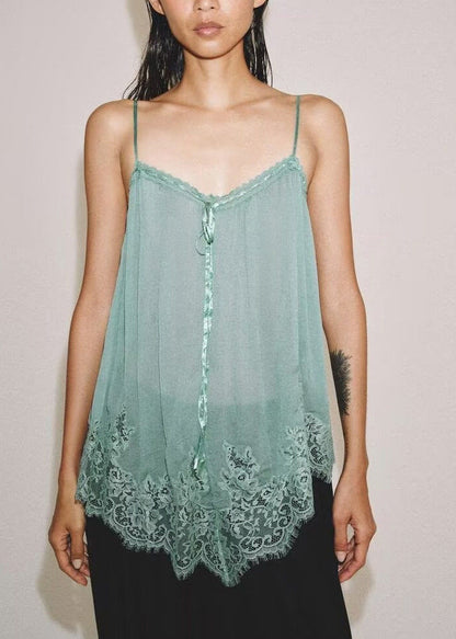Stylish Green Patchwork Chiffon Spaghetti Strap Top Sleeveless