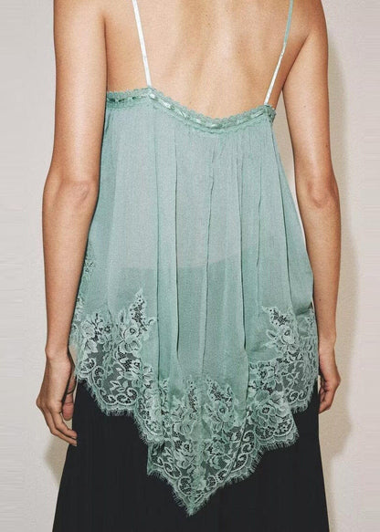 Stylish Green Patchwork Chiffon Spaghetti Strap Top Sleeveless