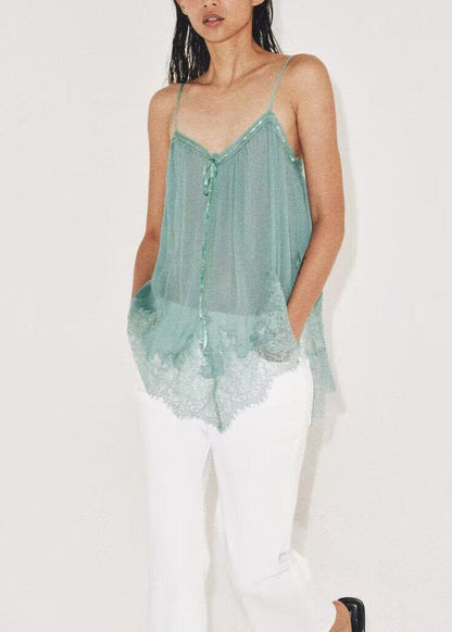 Stylish Green Patchwork Chiffon Spaghetti Strap Top Sleeveless