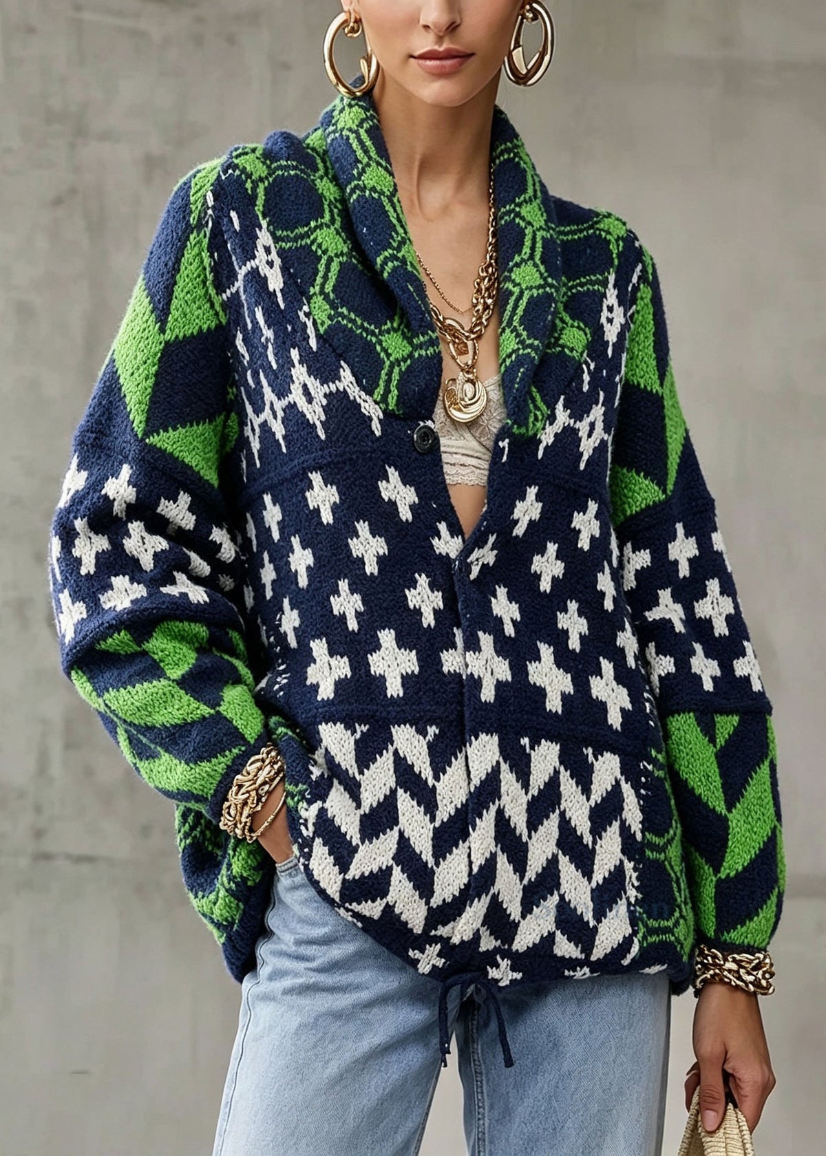 Stylish Green Peter Pan Collar Print Knit Sweaters Fall