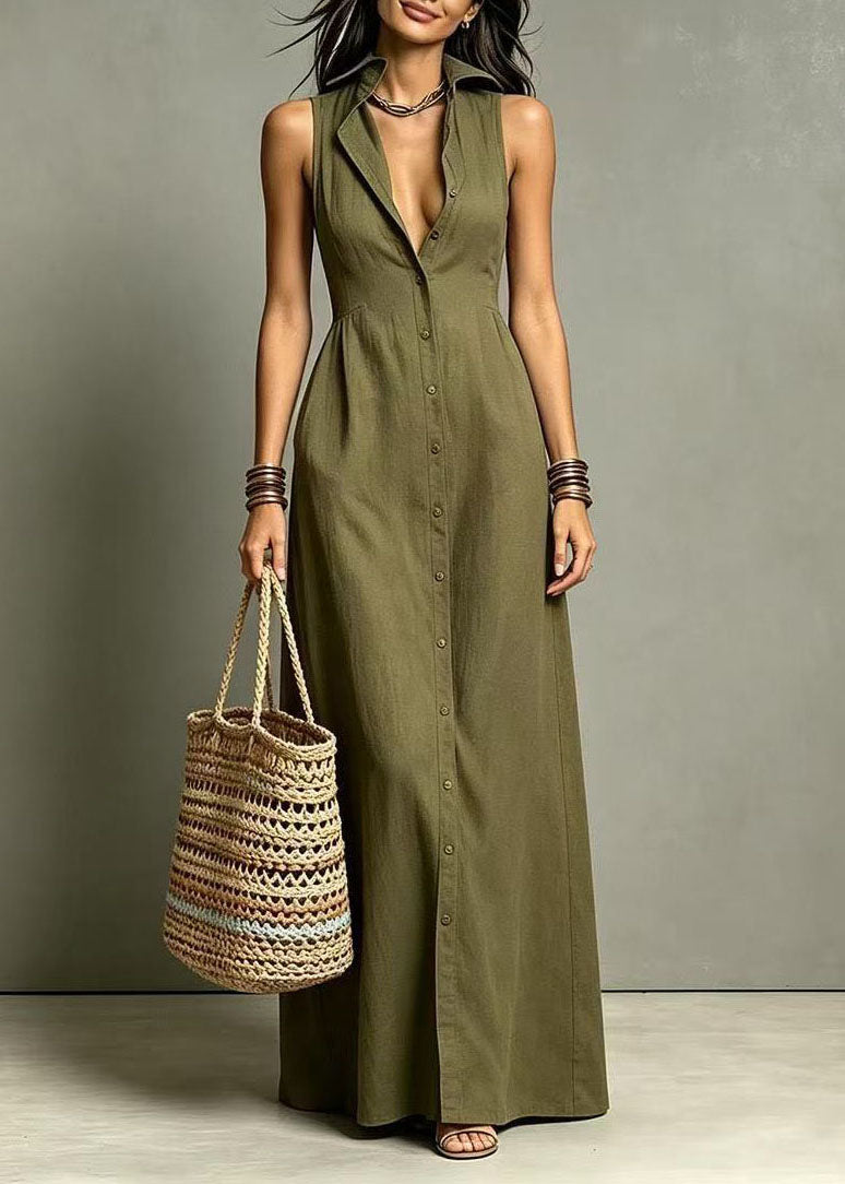 Stylish Green Peter Pan Collar Single Breasted Maxi Dresses Summer