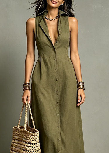 Stylish Green Peter Pan Collar Single Breasted Maxi Dresses Summer