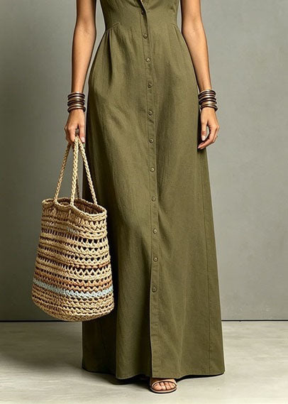 Stylish Green Peter Pan Collar Single Breasted Maxi Dresses Summer