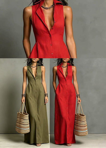 Stylish Green Peter Pan Collar Single Breasted Maxi Dresses Summer