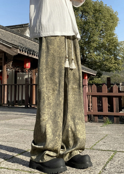 Stylish Green Print Elastic Waist Silk Men Pants Summer