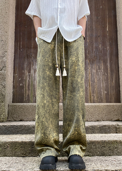 Stylish Green Print Elastic Waist Silk Men Pants Summer