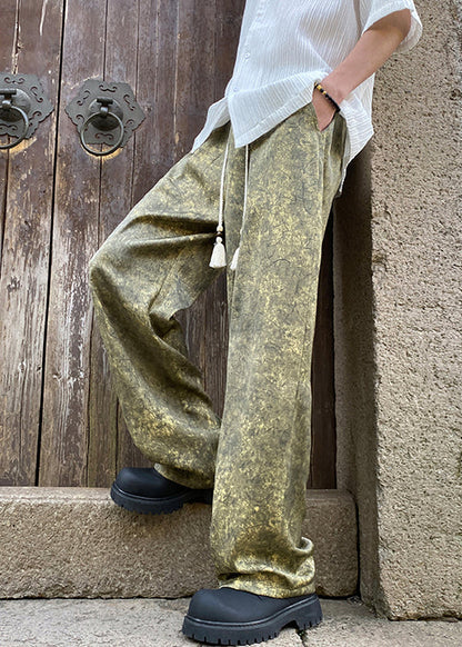 Stylish Green Print Elastic Waist Silk Men Pants Summer