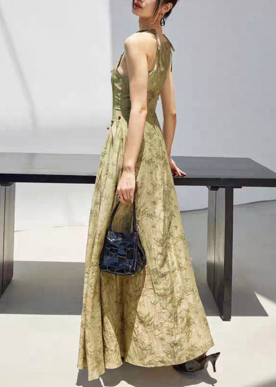 Stylish Green Print Lace Up Linen Spaghetti Strap Dress Sleeveless