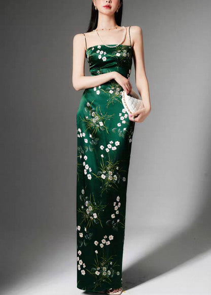 Stylish Green Print Side Open Silk Spaghetti Strap Dress Sleeveless