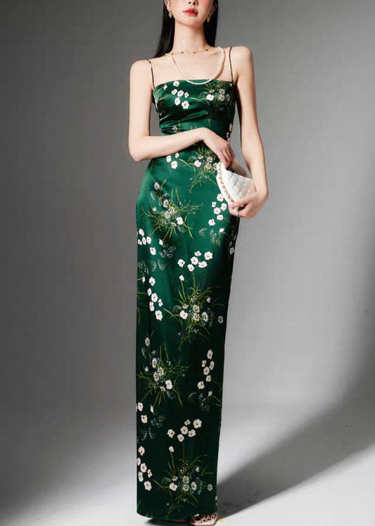 Stylish Green Print Side Open Silk Spaghetti Strap Dress Sleeveless