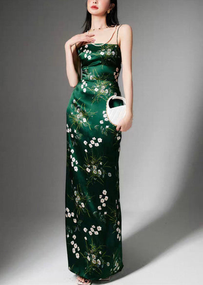 Stylish Green Print Side Open Silk Spaghetti Strap Dress Sleeveless