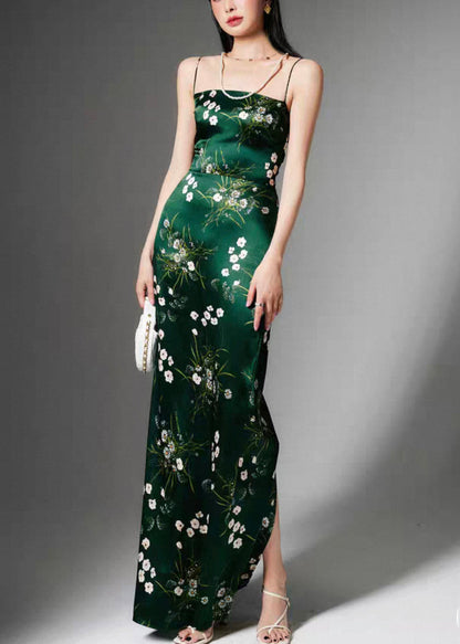 Stylish Green Print Side Open Silk Spaghetti Strap Dress Sleeveless
