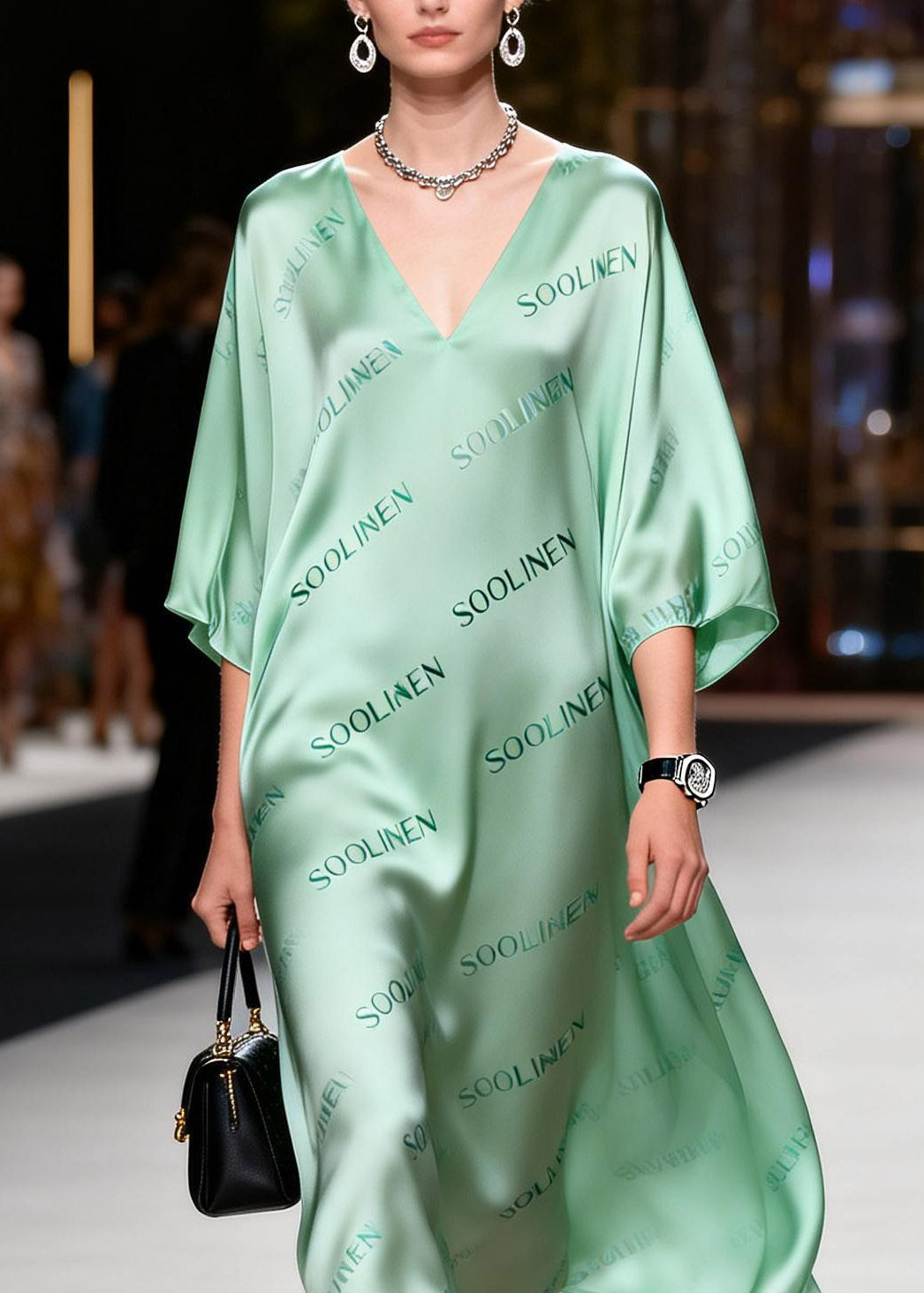 Stylish Green Print Silk Long Dresses Lanter Sleeve
