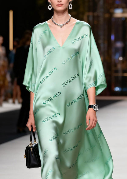 Stylish Green Print Silk Long Dresses Lanter Sleeve