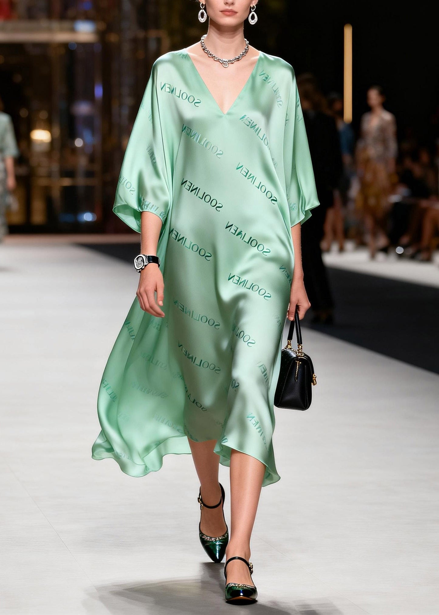 Stylish Green Print Silk Long Dresses Lanter Sleeve