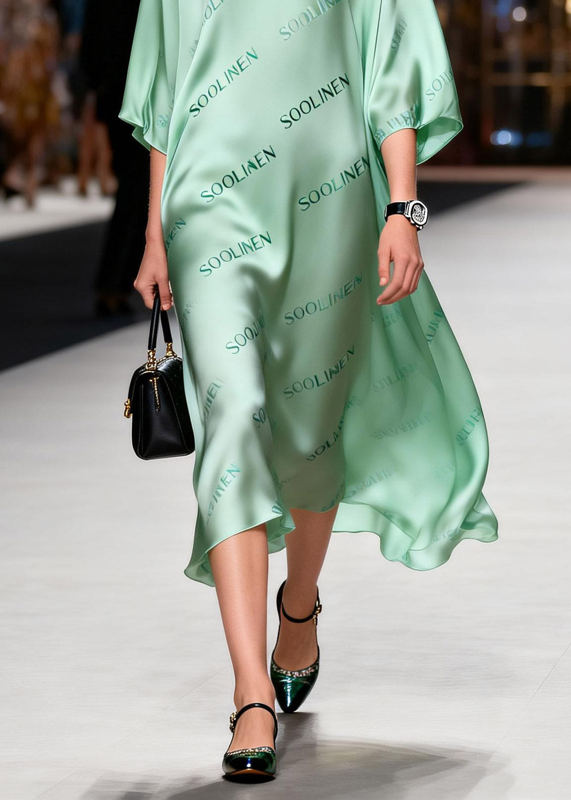 Stylish Green Print Silk Long Dresses Lanter Sleeve