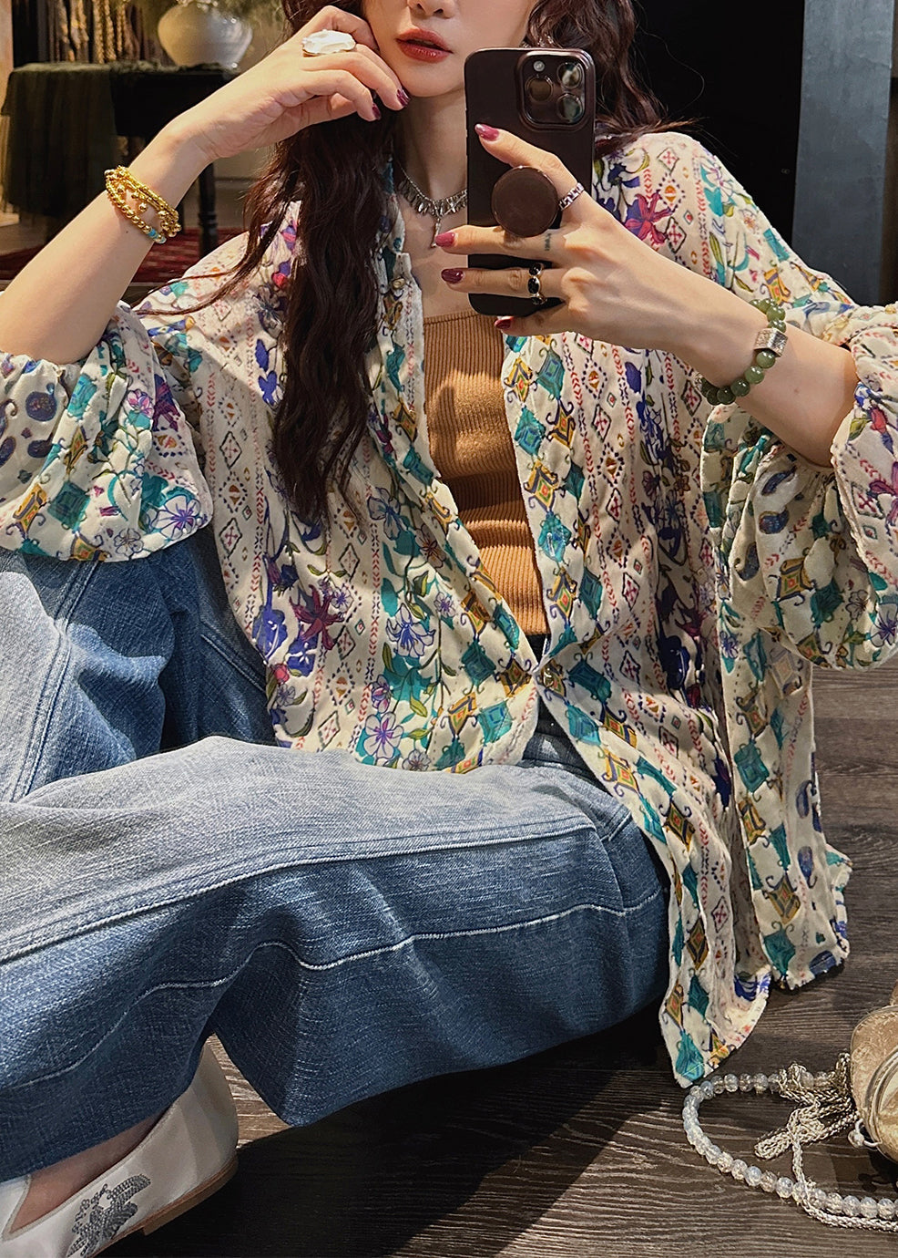 Stylish Green Stand Collar Print Button Velour Shirts Fall