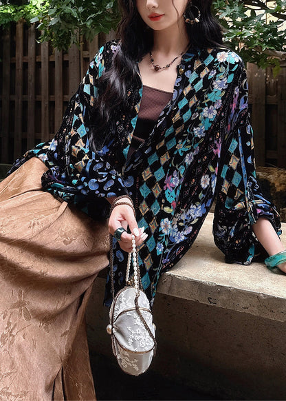 Stylish Green Stand Collar Print Button Velour Shirts Fall