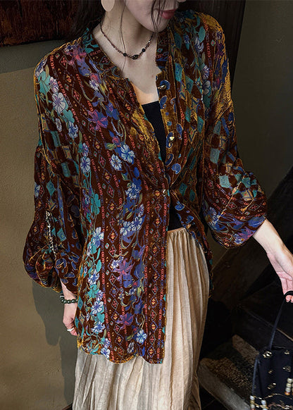 Stylish Green Stand Collar Print Button Velour Shirts Fall