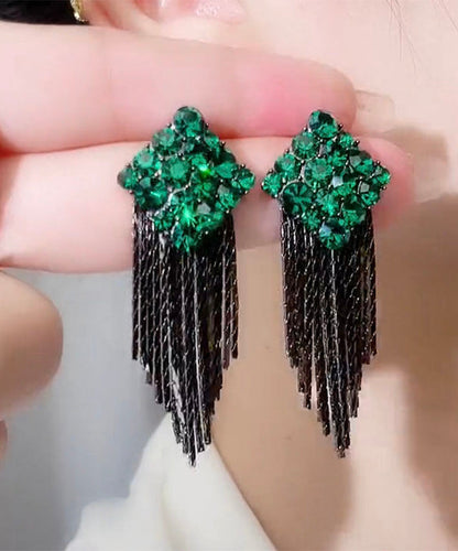 Elegantes pendientes colgantes con borlas de circonitas y diamantes dorados en plata de ley verde