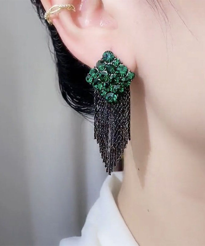 Elegantes pendientes colgantes con borlas de circonitas y diamantes dorados en plata de ley verde