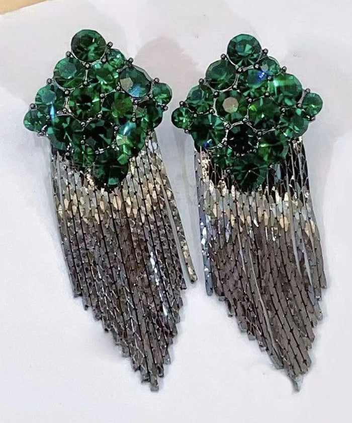 Elegantes pendientes colgantes con borlas de circonitas y diamantes dorados en plata de ley verde