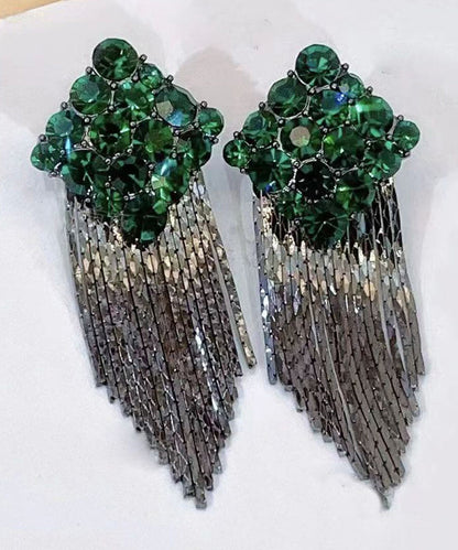 Elegantes pendientes colgantes con borlas de circonitas y diamantes dorados en plata de ley verde