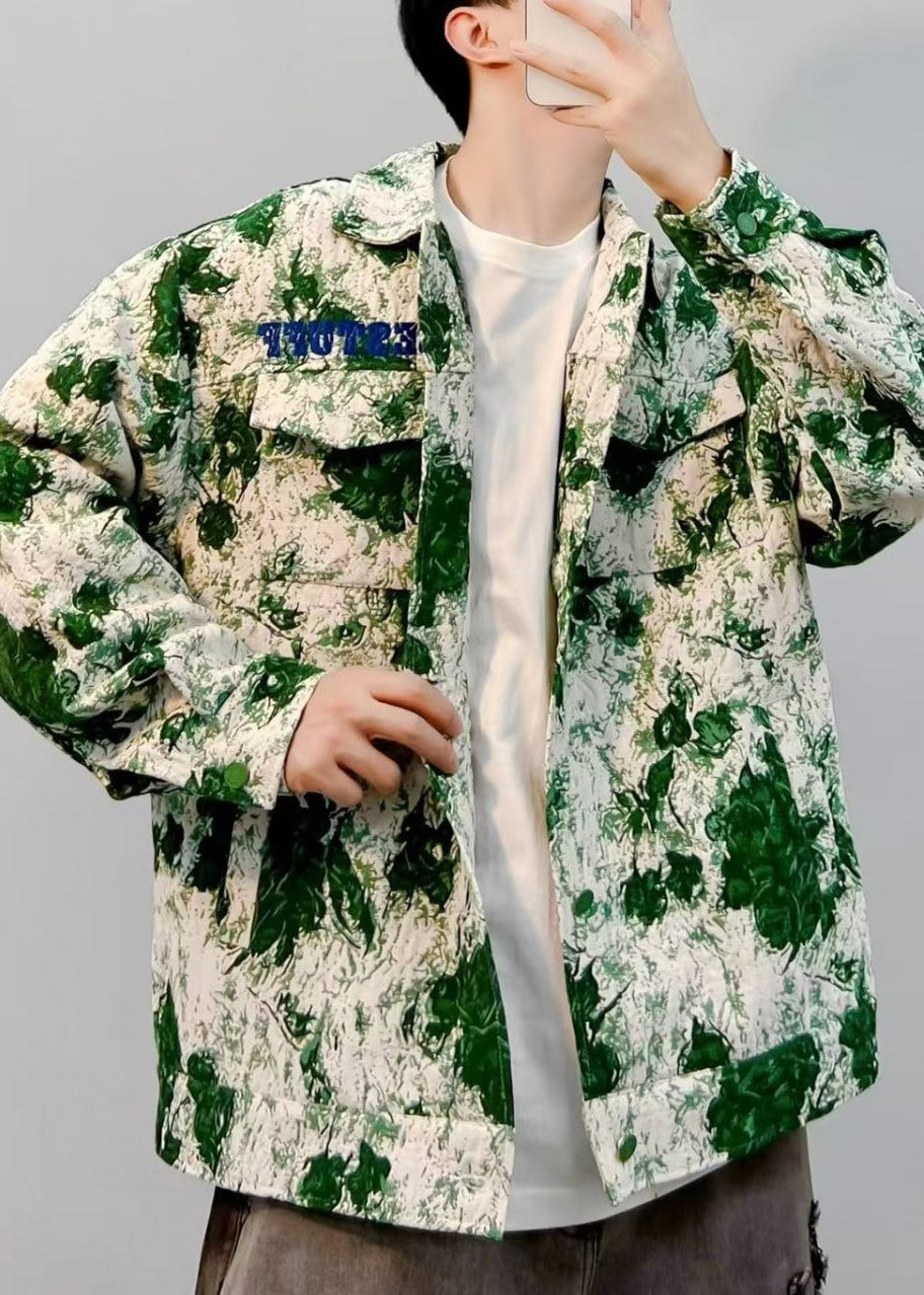 Stylish Green Tie Dye Letter Cotton Mens Coat Fall