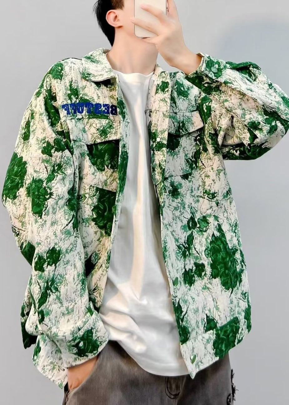 Stylish Green Tie Dye Letter Cotton Mens Coat Fall