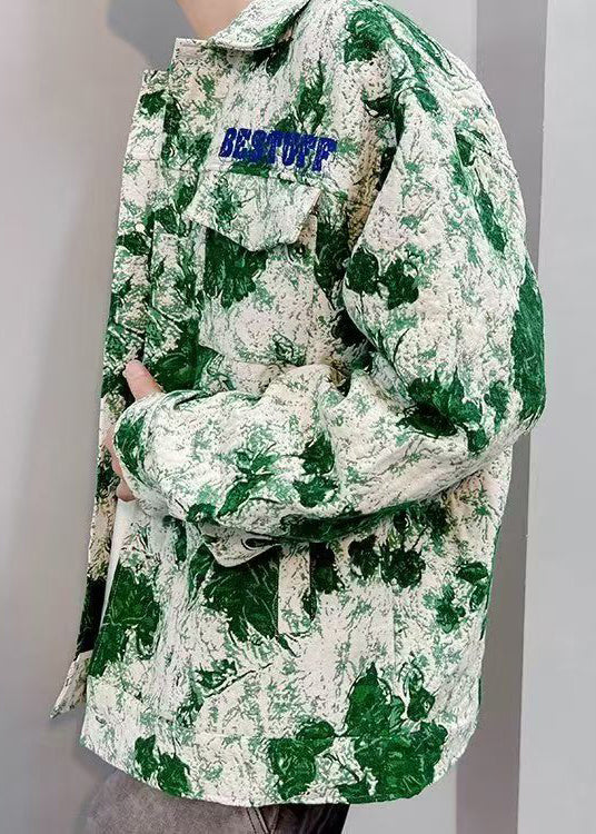 Stylish Green Tie Dye Letter Cotton Mens Coat Fall