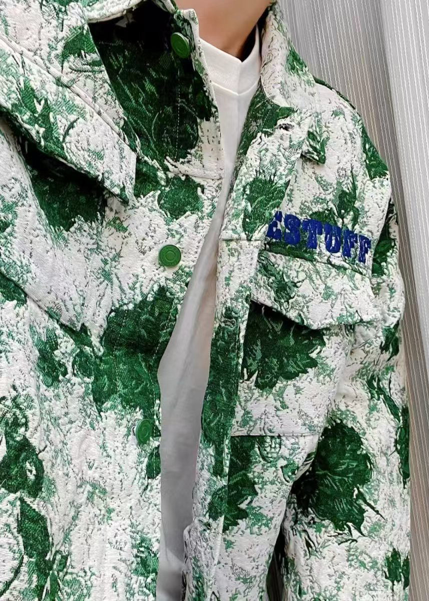 Stylish Green Tie Dye Letter Cotton Mens Coat Fall