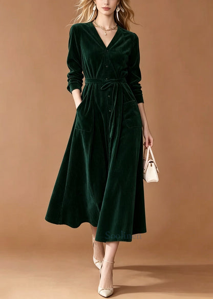 Stylish Green V Neck Corduroy Maxi Dresses Fall
