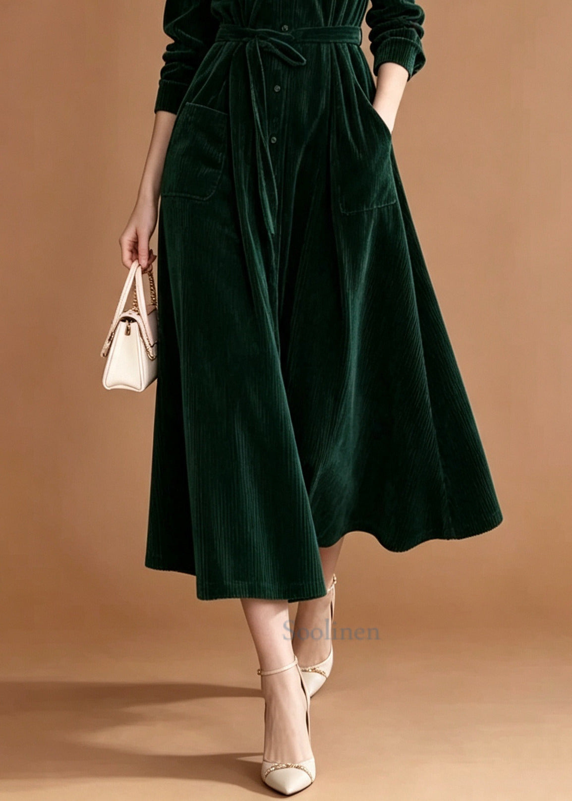 Stylish Green V Neck Corduroy Maxi Dresses Fall