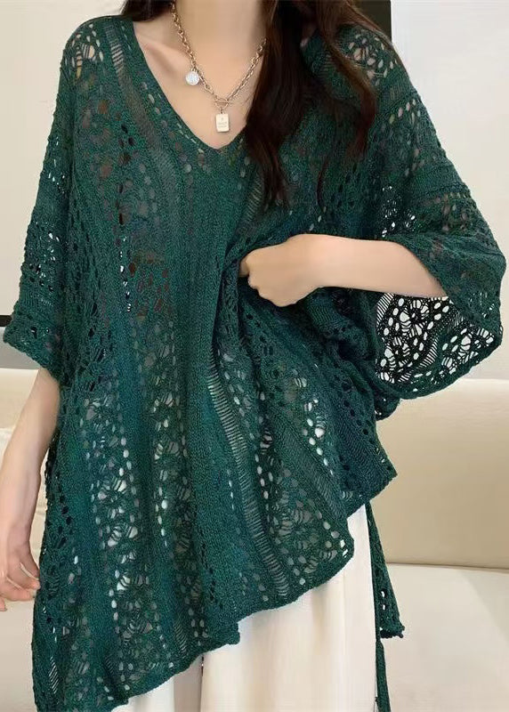 Stylish Green V Neck Hollow Out Knit Shirt Tops Summer