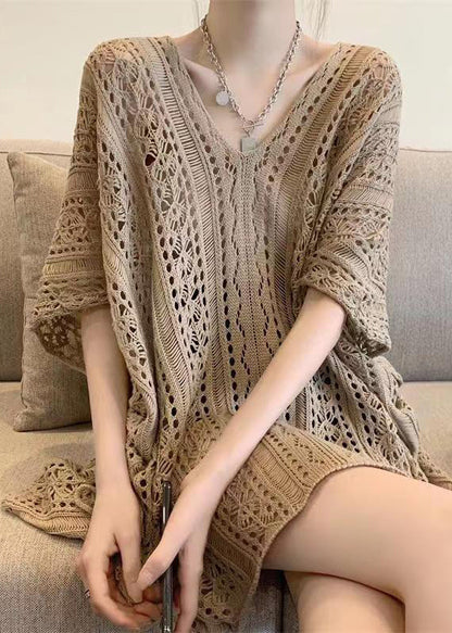 Stylish Green V Neck Hollow Out Knit Shirt Tops Summer