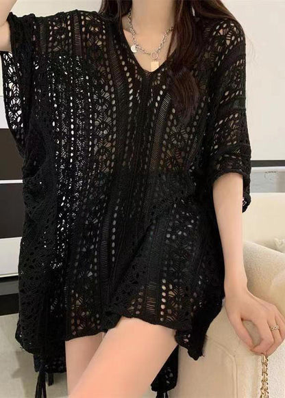 Stylish Green V Neck Hollow Out Knit Shirt Tops Summer