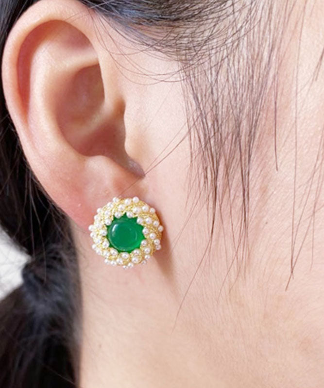 Elegantes pendientes de ágata perlada con circonita verde