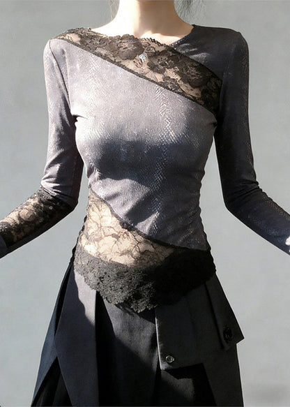 Stylish Grey Asymmetrical Lace Patchwork T Shirts Spring