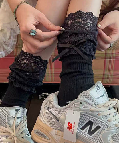 Stylish Grey Lace Patchwork Cotton Mid Calf Socks