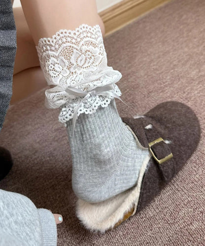 Stylish Grey Lace Patchwork Cotton Mid Calf Socks