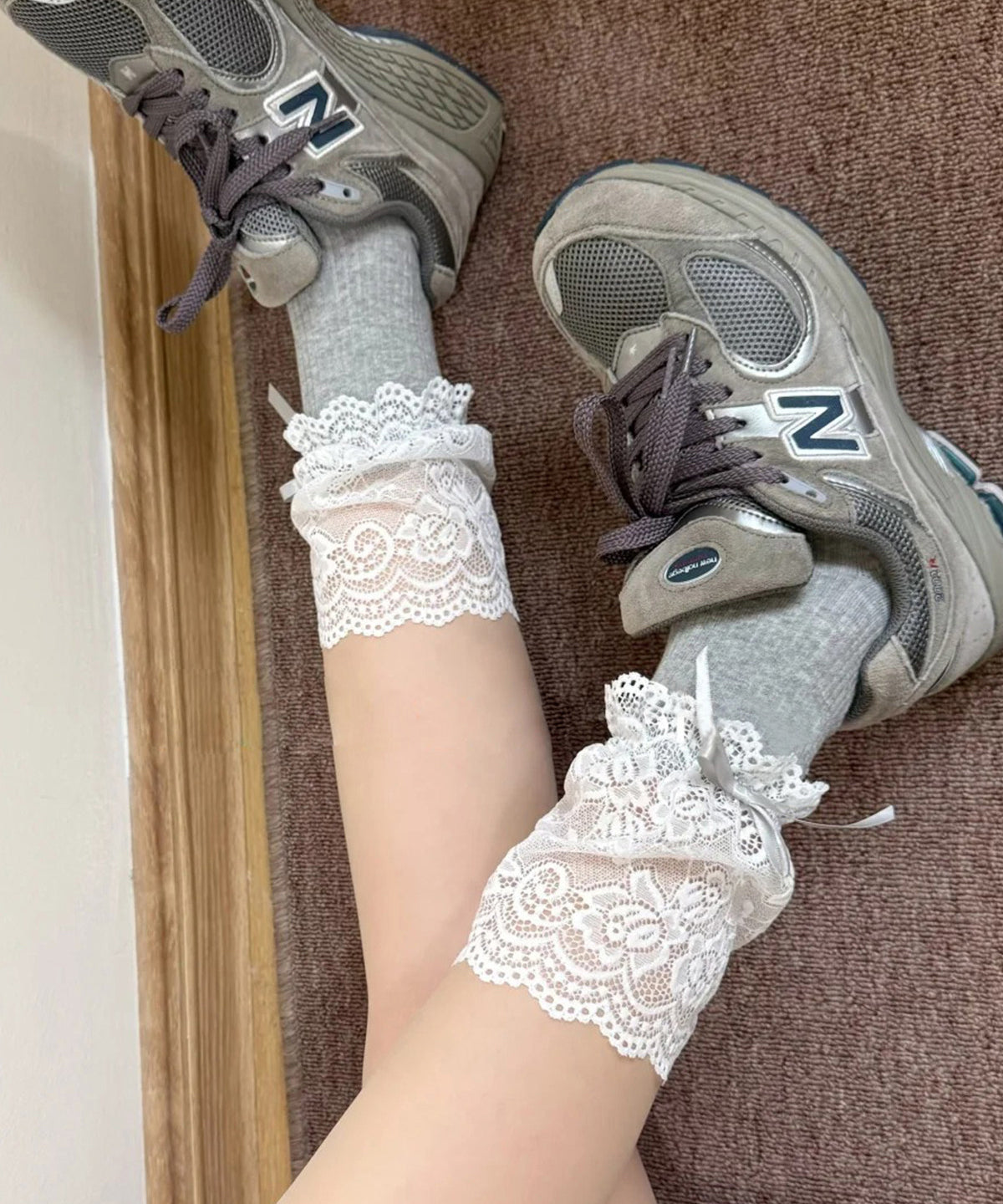 Stylish Grey Lace Patchwork Cotton Mid Calf Socks